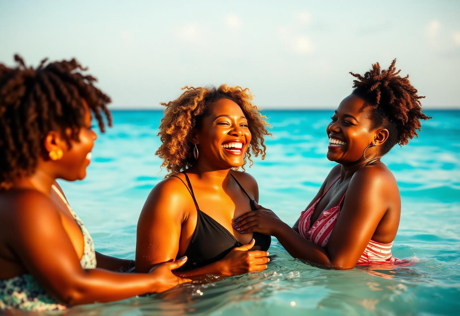 Black women laughing together in the Caribbean sea at golden hour